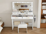 Makeup Vanity Desk with 9 Hollywood Bulbs,with a large mirror, featuring 4 drawers and 1 open W509P556492