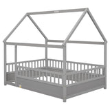 Full Size Floor Wooden Bed with House Roof Frame, Fence Guardrails,Grey W1858123988