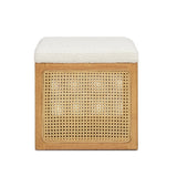 ZUN Nina 18" Cane Webbing Cube Ottoman, Ivory White Boucle B2719P238424