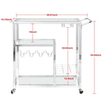 ZUN Contemporary Chrome Bar Serving Cart Silver Modern Glass Metal Frame Wine Storage 43465421