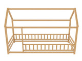 Twin Size Floor Wooden Bed with House Roof Frame, Fence Guardrails,Natural W1858P389939