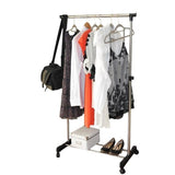 ZUN Single-bar Vertical & Horizontal Stretching Stand Clothes Rack with Shoe Shelf YJ-01 Black & Silver 62194653