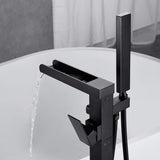 Bathroom Freestanding Waterfall Tub filler Matte Black Floor Mount Faucet with Hand Shower W122453938