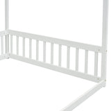 Full Size Canopy Frame Floor Bed with Fence, Guardrails,White W504P143282