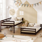 Brown painted pine twin wooden bed with head and tail cross rails, can be split into single bed or 07567396