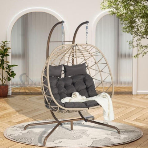 ZUN 2 Person Outdoor Rattan Hanging Chair Patio Wicker Egg Chair W874P146261