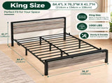 King Size Metal Wood Platform Bed Frame, 3-Panel Wash Grey Wood Grain Headboard with LED Light & 86125033