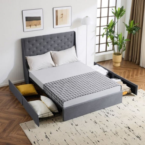 ZUN Upholstered Full Platform Storage Bed Frame with 4 Drawers, Wingback Headboard with Button Tufted 06426631