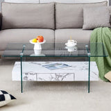 ZUN 43.3 Inch Modern Two-Tier Coffee Table - Clear Tempered Glass and White Marble Texture, W1151P232633