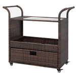 ZUN Outdoor Patio Wicker Rattan Serving Bar Cart Sideboard On Wheels Brown Gradient 72384423