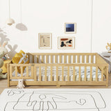 Full Size Floor Bed with Fence and Door,Rubber Wood Floor Bed with Safety Guardrails,Natural W504P296787