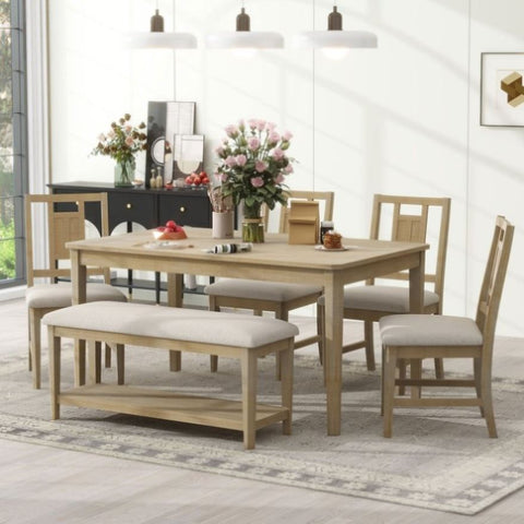 ZUN 6-piece Retro Dining Set, Minimalist Dining Table and 4 upholstered chairs & 1 bench with a shelf 04128899