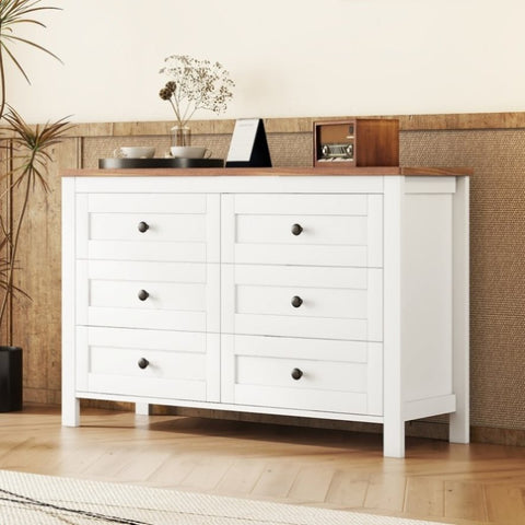 ZUN Retro Farmhouse Style Wooden Dresser with 6 Drawer, Storage Cabinet for Bedroom, White+Brown WF317946AAK