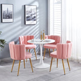 Modern pink dining chair with iron tube wood color legs, shorthair cushions and W23464147