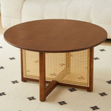 ZUN Mid-century wooden coffee table with PE cane stand, 31.5-inch round solid wood Bohemian style coffee W2720P237623