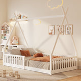 Twin Size Wood House Bed with Fence, White 28986741