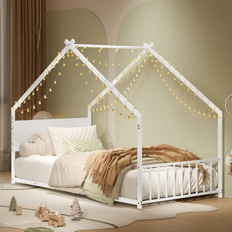 ZUN Twin Size House Bed with Roof and Colorful Lights, Metal Bed Frame with Slats and Legs, House Bed W1820P234195