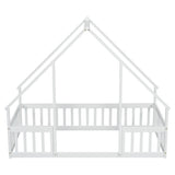 Twin Wood House-Shaped Floor Bed with Fence, Guardrails ,White W504P143290