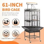 ZUN 65-inch Wrought Iron Large Rolling Bird Cage with Play Top and Stand for Parrots Lovebird Cockatiel 87150313