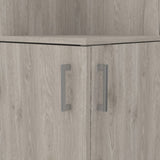 Syrah Corner Bar Cabinet, Eight Bottle Cubbies, Double Door, Two Open Shelves Light Gray B200P242413