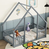 Twin Wood House-Shaped Floor Bed with Fence, Guardrails ,Grey W504P143289