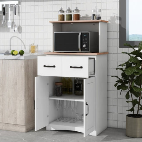 ZUN Wooden Kitchen Cabinet White Pantry Storage Microwave Cabinet with Storage Drawer W40953988