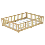 Full Size Floor Bed with Fence and Door,Rubber Wood Floor Bed with Safety Guardrails,Natural W504P296787