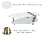 36 Inch Modern Coffee Table, Oval Elliptical Shape, White Mango Wood With Antique Brass B056P161686