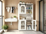 White Farmhouse Tall Storage Cabinet with Sliding Barn Door, Freestanding Floor Linen Cabinet with 22557110
