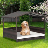 ZUN Dog House Outdoor with Canopy, Rattan Dog Bed with Water-resistant Cushion, 90952212