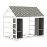 Wooden Twin Size House Bed with Fence and Roof, Kids Floor Bed with Two Movable Wardrobes, Gray N733P240134E