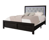 1pc Modern Queen Panel Bed with Headboard Lighting Black Finish Faux Leather Gray Upholstery Button B011P244360