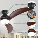 52 Inch Modern Ceiling Fan With 3 Color Dimmable Solid Wood Blades Remote Control Reversible DC W934P152322