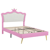 Full Size Upholstered Bed Frame with LED Lights, Modern Upholstered Princess Bed with Crown W2770P190360