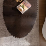 Oval Coffee Table Handcrafted Relief Sturdy Pedestal Wooden Olive-Shaped Tea Table for Living Room W3081P255079