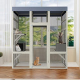 62.6" Outdoor Wooden Catio for Cats, Large Cat Enclosure with Waterproof Roof, 2 Cat Houses & W773P312617