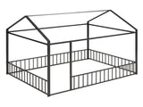 Full Size Metal Bed House Bed Frame with Fence, for Kids, Teens, Girls, Boys,Black MF304787AAB
