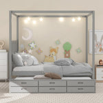 ZUN Queen Size Canopy Platform Bed with Twin Size Trundle and Three Storage Drawers,Gray 45763716