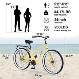 Single Speed Bicycles 26"Inch,Steel Frame, Wide Wheels for Stability, Rear Coaster Brakes,Multiple W1019P163418