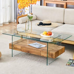 ZUN 43.3 Inch Modern Two-Tier Coffee Table - Clear Tempered Glass and Natural Wood Grain, W1151P232622