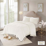 Tufted Cotton Chenille Medallion Fringe Coverlet Mini Set Off-White Full/Queen B03597523