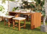 5 Piece Outdoor Set, Patio Acacia Wood Height Table & Four Stools with Cushions, Wood Dining 88788867