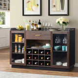 ZUN Double Glass Door with Single Drawer and 12-Bottle Wine Rack Sideboard in Black Frame + Gray-Brown 56154679