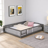 Queen Size Floor Bed with Door,Solid Wood Platform Bed Frame with Fence,Suitable for children,Pine W495123245