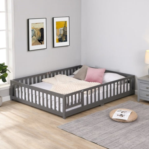 ZUN full Size Floor Bed with Door,Solid Wood Platform Bed Frame with Fence,Suitable for children,Pine W2297P202901