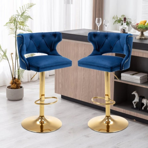 ZUN Bar Stools With Back and Footrest Counter Height Dining Chairs-Velvet Blue-2PCS/SET W67663282