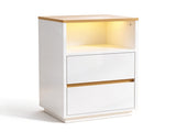 High Gloss White & Oak Two-Tone Nightstand, RGB Light, US Power Outlet, 2 37462022