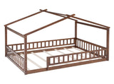 Full Size Wood Bed House Bed Frame with Fence, for Kids, Teens, Girls, Boys,Walnut WF302177AAL