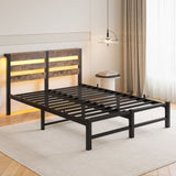 Full Size Metal Bed Frame with Wooden Headboard, RGB Lights, Charger, Storage Shelf, Noise-Free, No W840P209896