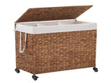 160L 3-Section Laundry with Lid and Wheels, Woven Natural Water Hyacinth Rolling Laundry 22369298